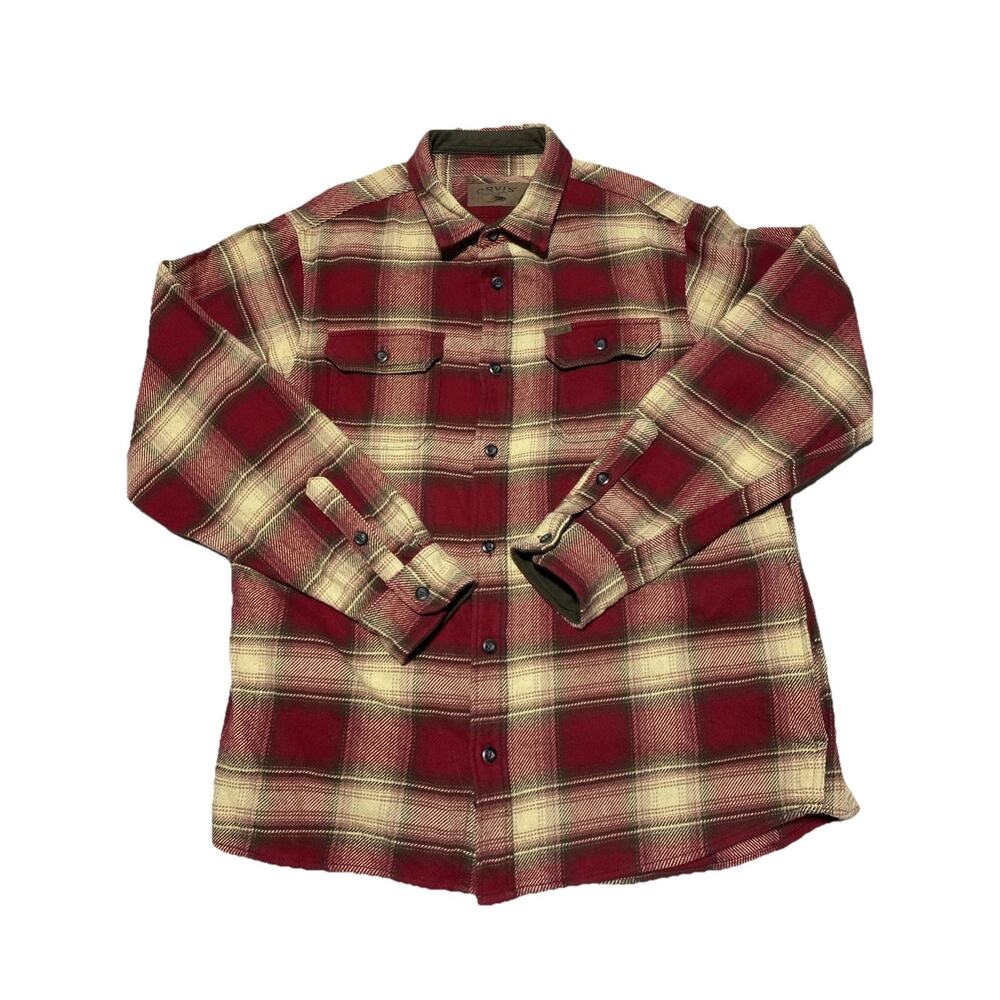 Orvis Shacket Men Extra Large Red Flannel Plaid Outdoors Nature Chore Pockets XL